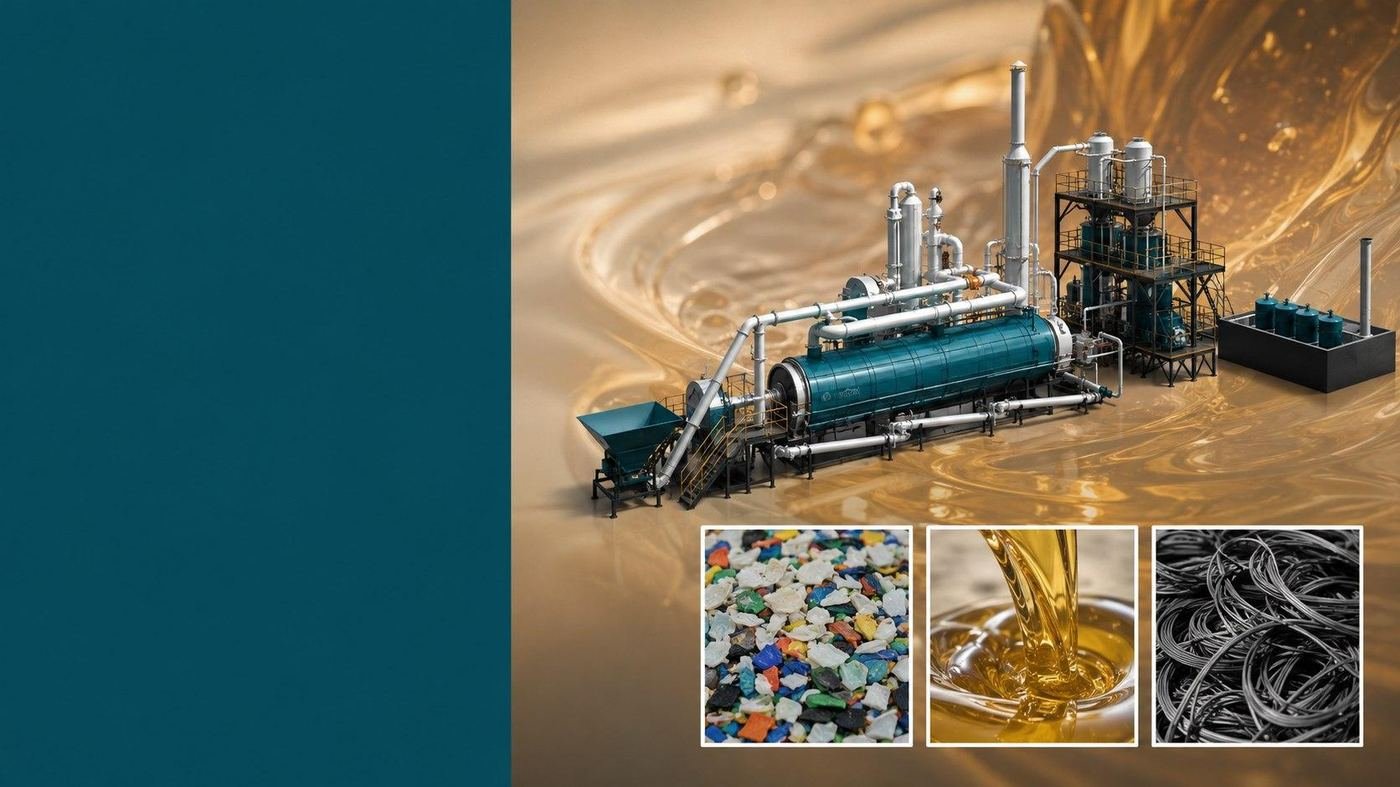 Illustrative render of a catalytic pyrolysis unit converting plastic waste into naphtha-range oil, with plastic feedstock, oil and metal scrap samples below