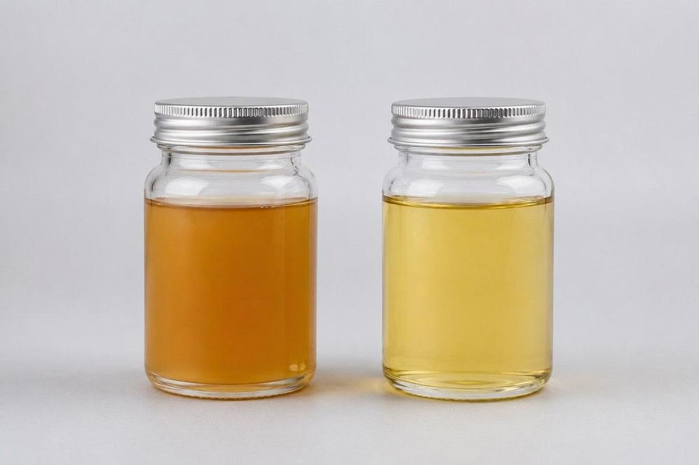 Side-by-side comparison of conventional dark pyrolysis oil and Ecocatalix's pale yellow naphtha-grade output