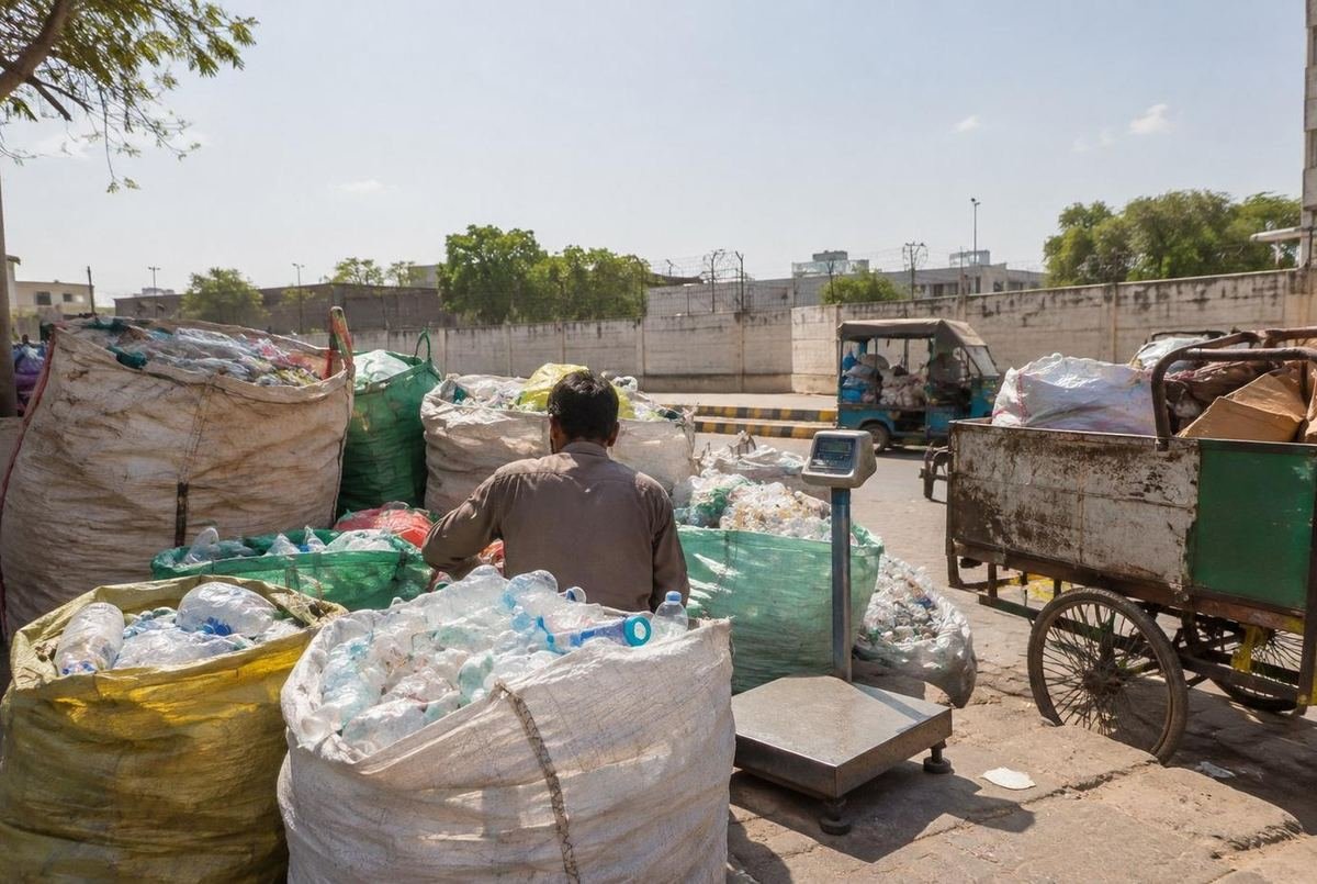 Informal waste collection point with sorted plastic sacks being weighed
